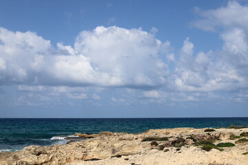 Rocky shore of the Mediterranean Sea in northern Israel.
