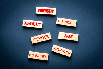 Diversity ethnicity gender age disabilty no racism words written on wooden block, Equality and...