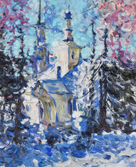oil painting impressionism winter landscape. painting on canvas temple in  winter forest.