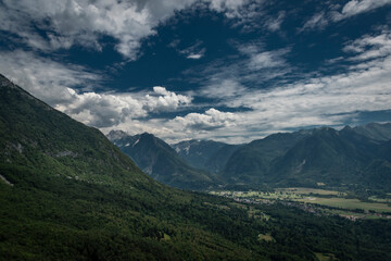 View from cableway near Kanin mountains in Slovenia in summer cloudy day