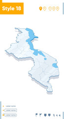 Malawi - 3d map on white background with water and roads. Vector map with shadow.