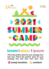 Summer camp poster with nature landscape consisting of trees, tent and campfire for holiday party, kids camping, fest, banner. Vector 10 eps