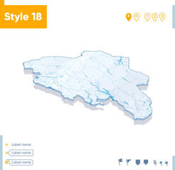 Innlandet, Norway - 3d map on white background with water and roads. Vector map with shadow.