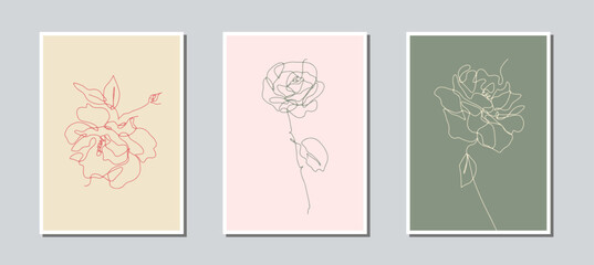 Set of 3 one single line drawing rose flower on earthy background color card template