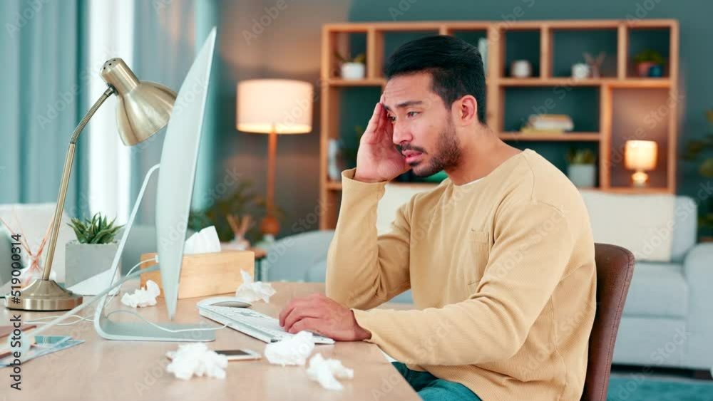 Poster a tired man suffering from covid fatigue and trying to meet a work deadline. sick it specialist suff