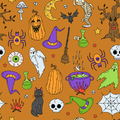 Halloween Seamless Pattern on orange background. Hand drawn Line art Halloween texture.