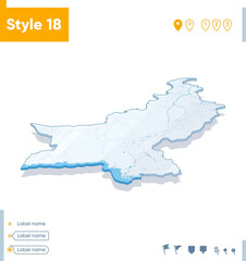 Pakistan - 3d map on white background with water and roads. Vector map with shadow.