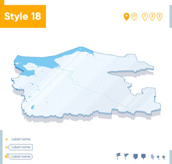 Arkhangelsk Region Part 01, Russia - 3d map on white background with water and roads. Vector map with shadow.