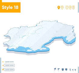 Magadan Region, Russia - 3d map on white background with water and roads. Vector map with shadow.