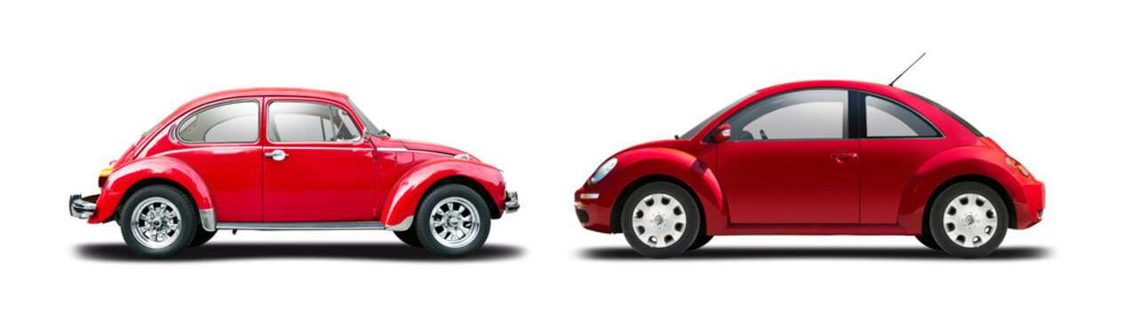 VW new Beetle & VW Beetle classic car, side view isolated on white background, 26 March 2014, Thessaloniki, Greece	
