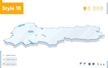 Vologda Region, Russia - 3d map on white background with water and roads. Vector map with shadow.