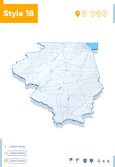 Illinois, USA - 3d map on white background with water and roads. Vector map with shadow.