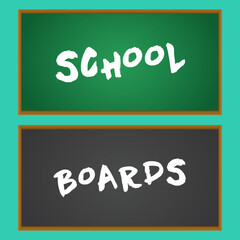 Chalkboard set, realistic black and green chalkboard in a wooden frame on a turquoise background, for school or menu design.