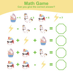 Counting unicorn worksheet. Math worksheet with unicorn theme. Learning how to counting for preschool children. This worksheet is perfect for educating children about how to count. Vector illustration