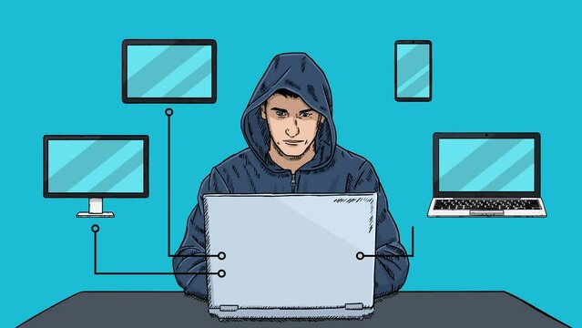 An animation showing a hacker hacking into computer devices. The computer monitor, tablet, phone and laptop are infected by a virus.