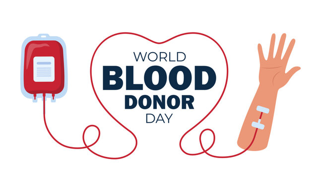 World blood donor day poster. Human donates blood, blood bag and hand. Vector illustration.