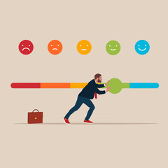Male trying to push customer feedback bar to be excellent smile. Customer feedback giving rating based on experience or quality from product and service, survey, opinion and review to evaluate result