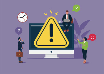 Programmer and users analyze software or diagnose computer. Big warning sign on screen. Operating system error. Setting up personal computer.