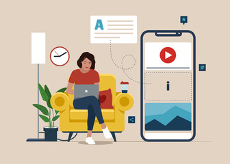 Blogger girl works on laptop. Female journalist create content for blog. Blogging, copywriting concept. Modern smartphone with social network app. Webpage with various media content. 