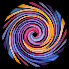 Radial rippled colorful swirl on black background. Abstract yellow blue purple pink swirl vortex twisted spiral. 