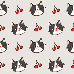 Seamless Pattern with Cartoon Cat Face and Cherry Design on Light Grey Background