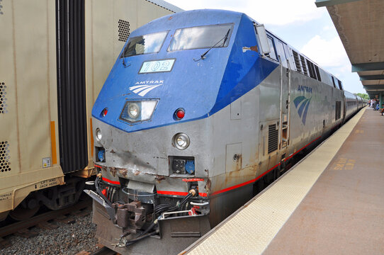 Amtrak General Electric GE P42DC Genesis Locomotive At William F. Walsh Regional Transportation Center In Syracuse, New York State NY, USA.