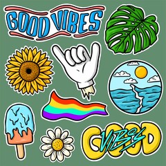 Sticker Set Hand Drawn Good Vibes Cartoon Illustration