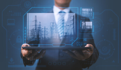 The person is touching the virtual screen, Construction technology concept, future building construction, engineers designing and planning the building.