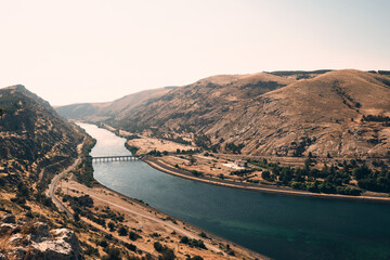 Euphrates river valley and bridge over Euphrates near Ataturk Dam. Sanliurfa province, Turkiye