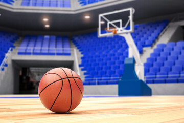 Basketball ball on basketball court in an empty basketball arena. - 519004546