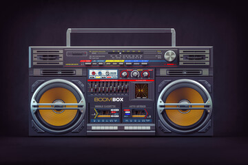 Retro ghetto blaster boombox, radio and audio tape recorder on black background.