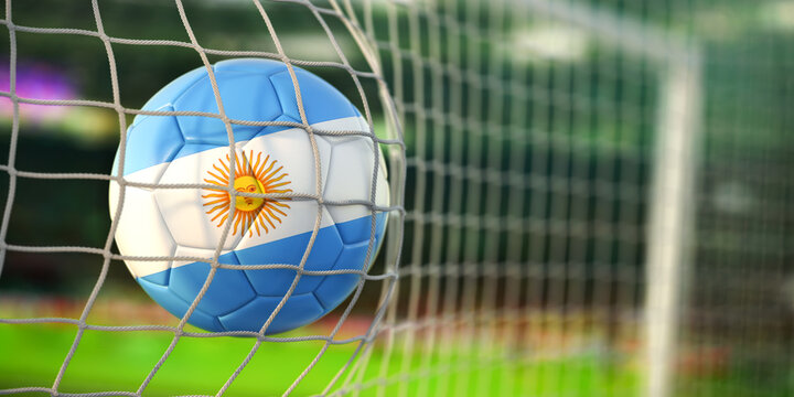 Football Ball With Flag Of Argentina In The Net Of Goal Of Football Stadium. Football Championship Of Argentina Concept.