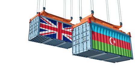 Cargo containers with United Kingdom and Azerbaijan national flags. 3D Rendering