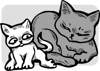 Cute cats friends sitting together. Decorative border, banner, postcard, poster print for kids room or birthday. Logo design for veterinary. Hand drawn illustration. Cartoon character vector drawing.