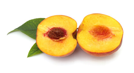 Sliced peach and leaves.