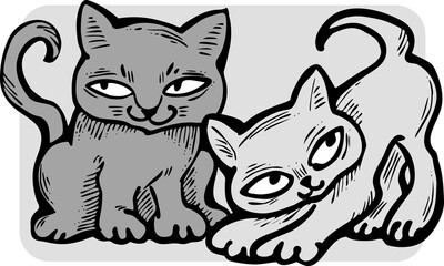 Obraz premium Cute cats friends sitting together. Decorative border, banner, postcard, poster print for kids room or birthday. Logo design for veterinary. Hand drawn illustration. Cartoon character vector drawing.
