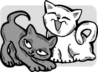 Cute cats friends sitting together. Decorative border, banner, postcard, poster print for kids room or birthday. Logo design for veterinary. Hand drawn illustration. Cartoon character vector drawing.
