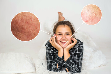 Naklejka premium Cute teenage girl have fun on bed with feathers. Image of young smiling pretty lady lies in bed indoors. inserts with infectious skin diseases
