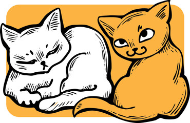 Cute cats friends sitting together. Decorative border, banner, postcard, poster print for kids room or birthday. Logo design for veterinary. Hand drawn illustration. Cartoon character vector drawing.