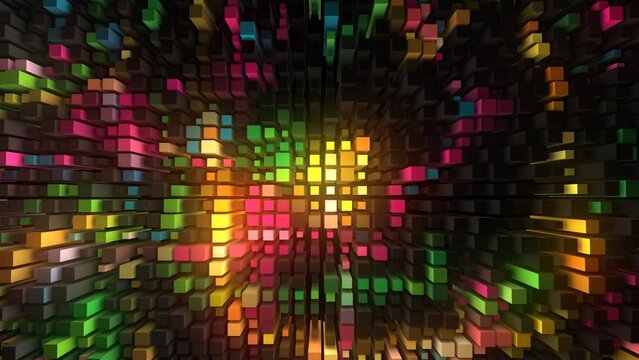 Rainbow animated background. Chaotically moving pistons. Glowing 3d rectangles. The musical wave. Mechanical blocks. Puzzle, mosaic. Screensaver for games, presentations, business, intro. 4k