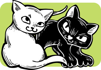 Cute cats friends sitting together. Decorative border, banner, postcard, poster print for kids room or birthday. Logo design for veterinary. Hand drawn illustration. Cartoon character vector drawing.