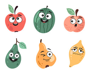 Cartoon fruits characters with different face emotions isolated set collection design element concept illustration
