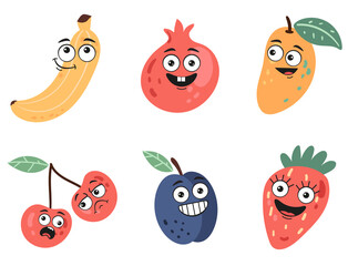 Cartoon fruits characters with different face emotions isolated set collection design element concept illustration
