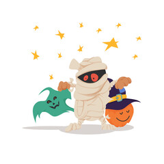 Group of halloween characters a zombie, a ghost and a pumpkin in a hat. Symbol of happy holiday. Design for autumn october party. Vector illustration.