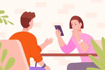 Ignoring relationship. Couples conflict bad date family relationships, upset woman with phone ignore offended boyfriend, quarrel wife and husband vector illustration