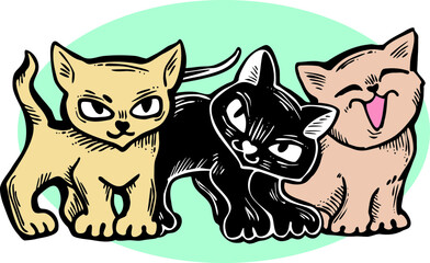 Cute cats friends sitting together. Decorative border, banner, postcard, poster print for kids room or birthday. Logo design for veterinary. Hand drawn illustration. Cartoon character vector drawing.
