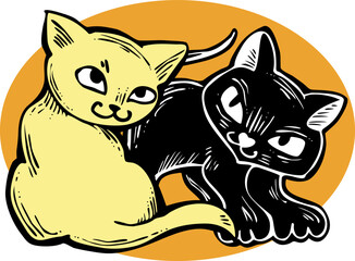 Cute cats friends sitting together. Decorative border, banner, postcard, poster print for kids room or birthday. Logo design for veterinary. Hand drawn illustration. Cartoon character vector drawing.