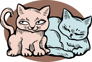 Cute cats friends sitting together. Decorative border, banner, postcard, poster print for kids room or birthday. Logo design for veterinary. Hand drawn illustration. Cartoon character vector drawing.