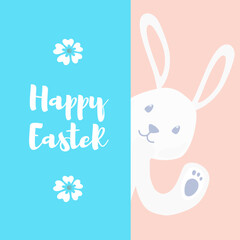 Obraz na płótnie Canvas Happy easter banner with bunny with flower for greeting card, promotion, party poster, decoration, sale, stamp, label, tag, special offer. Vector Illustration 10 eps
