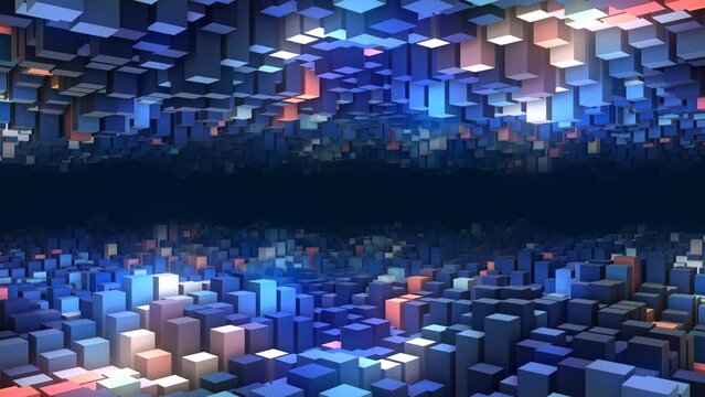 Animated neon background frame. Randomly moving puzzle, mosaic. 3d rendering. Rectangles musical wave surface. Mechanical pistons. Fire and ice. Screensaver games, presentations, business, intro. 4k